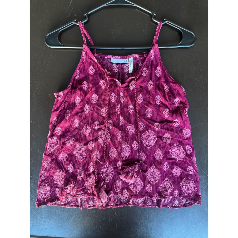 LUQ Burgundy Medallion Print Tassel Boho Rayon Tank Top Large J51185ML35P